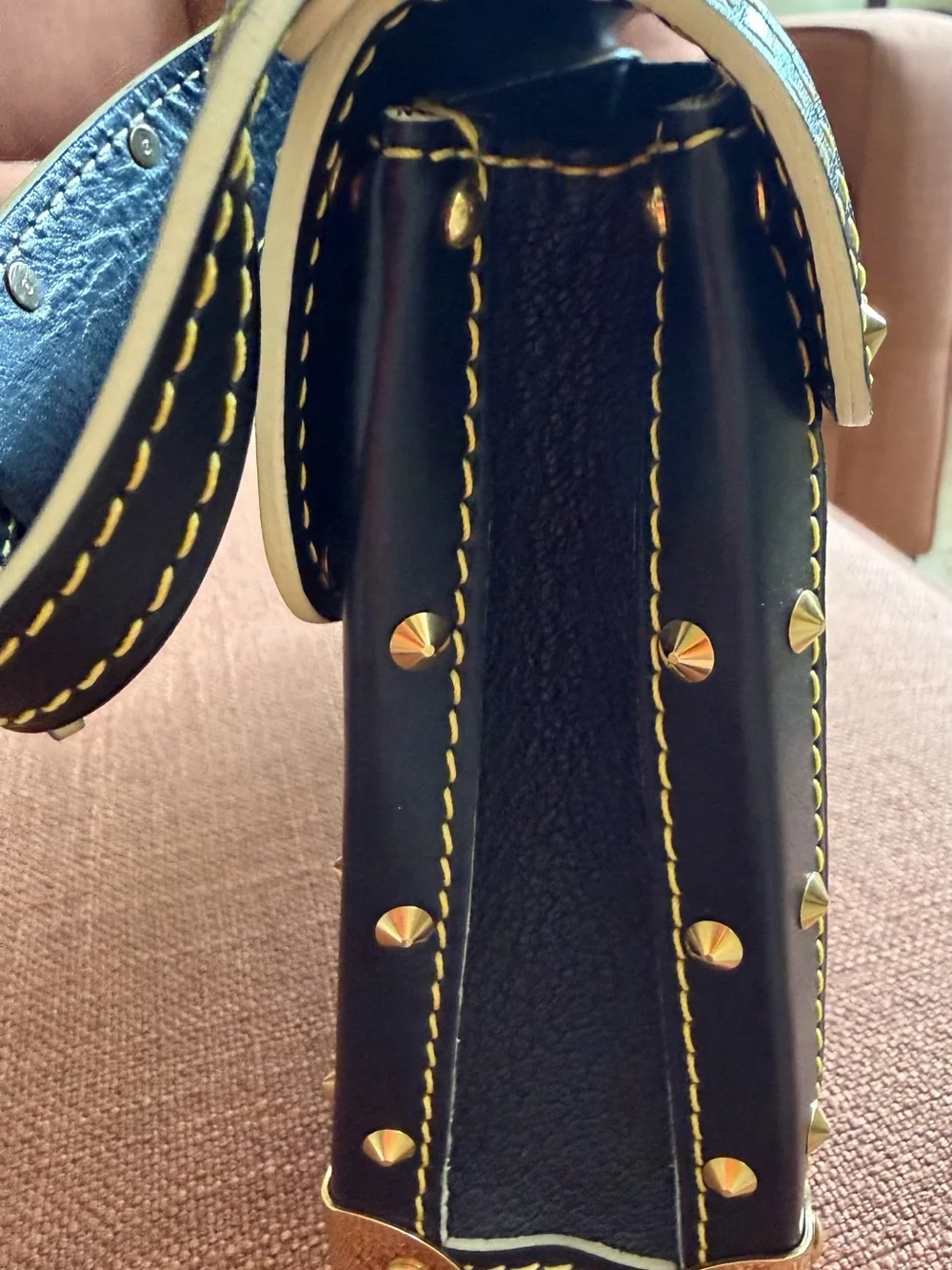 Louis Vuitton Black Suhali Leather Satchel with Gold Stud Accents